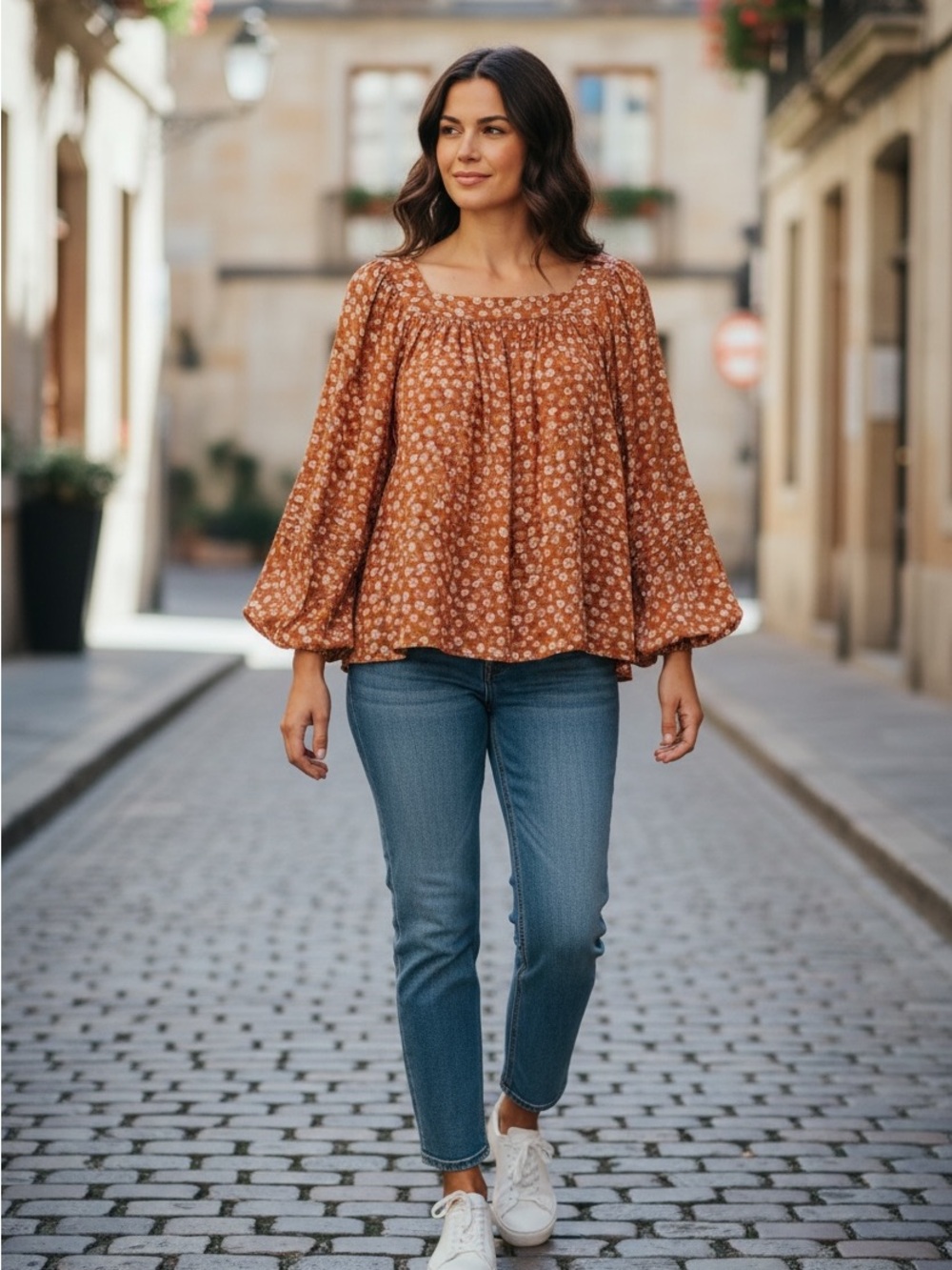 LC Lauren Conrad Rust Floral Square-Neck Blouse